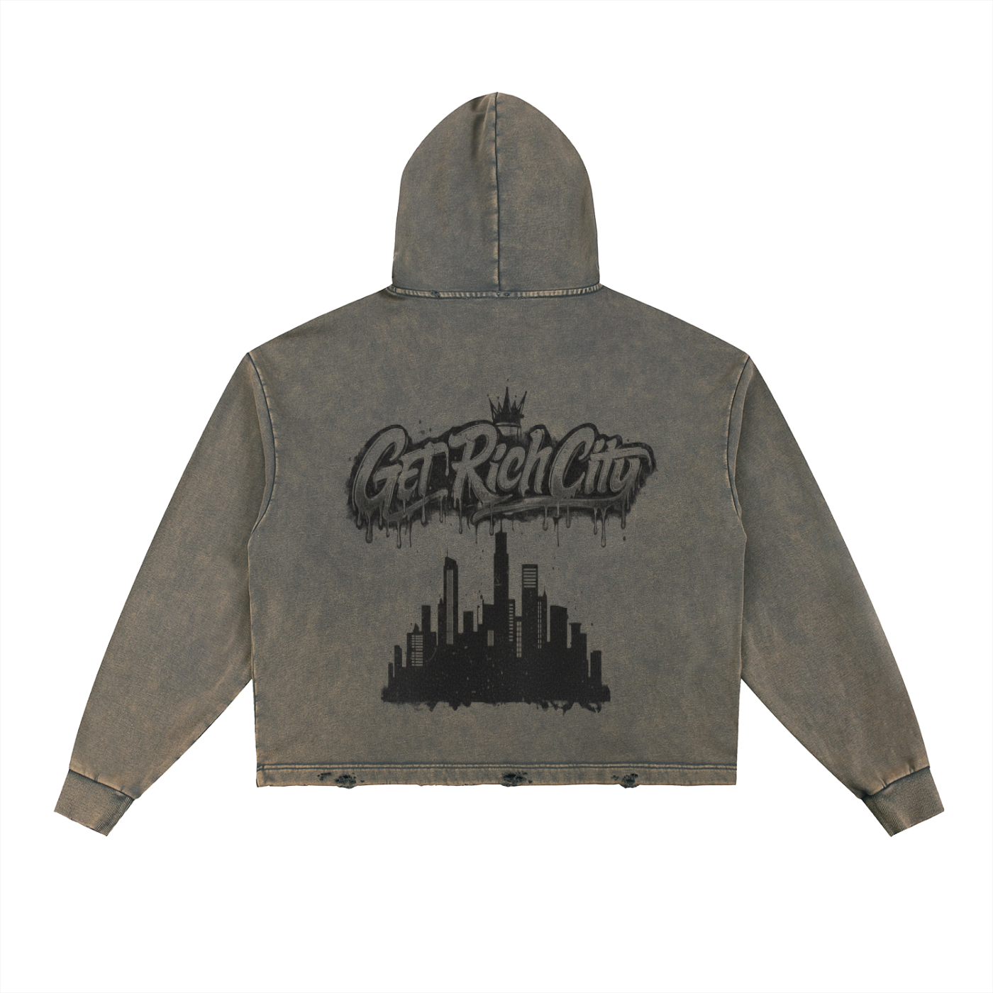 Get Rich City Vintage Washed Frayed-Hem Hoodie