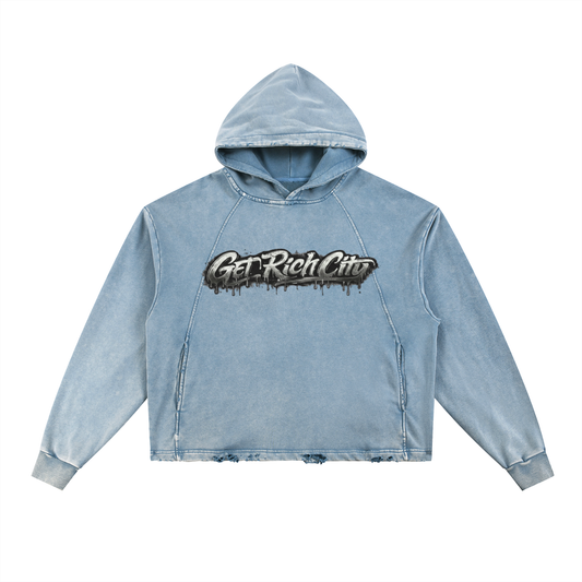 Get Rich City Vintage Washed Frayed-Hem Hoodie