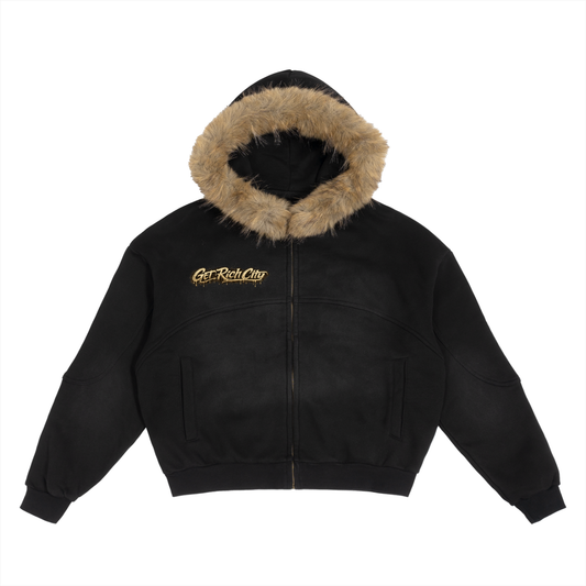 Get Rich City Sun Fade Boxy Detachable Fur Hoodie